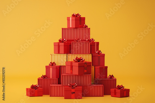 Pyramid of red shipping containers and festive gift boxes with ribbons on yellow background