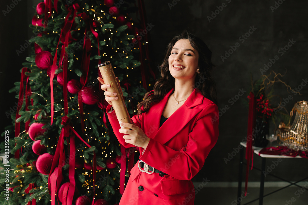 Fototapeta premium Smiling girl pops party popper near Christmas tree with sparkling lights.