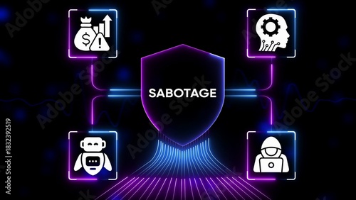 Digital sabotage concept with icons for finance risk artificial intelligence robot and hacker image