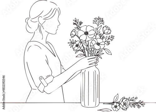 Handdrawn line art illustration of a woman arranging a bouquet of flowers in a vase.