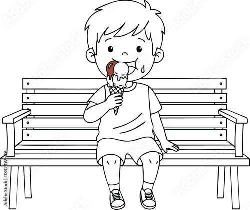 Happy boy enjoying a delicious ice cream cone on a summer day.