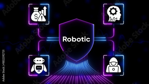 Robotic technology network with icons for finance artificial intelligence robot and hacker on dark background