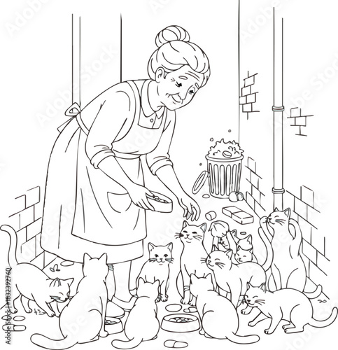 Kind Elderly Woman Feeding a Large Group of Stray Cats.