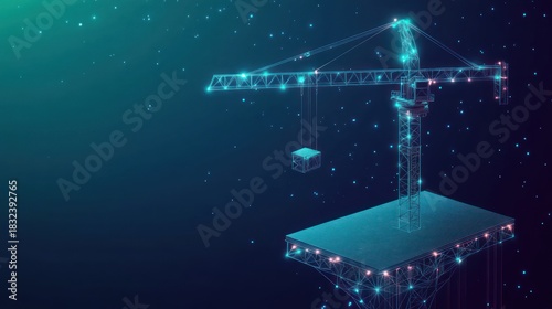 Abstract Digital Crane Constructing a Futuristic Building with Glowing Particles.