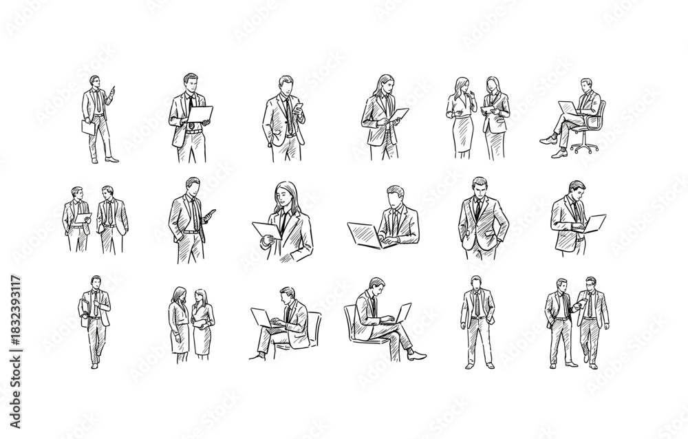 Fototapeta premium Diverse business professionals engaging in various corporate activities sketch