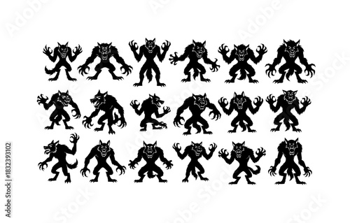 Set of various silhouette werewolves in different poses and stances