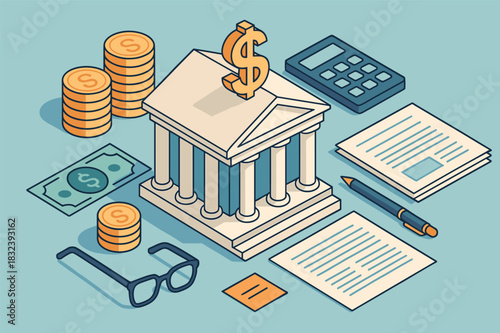 Financial planning concept with isometric bank building and financial tools