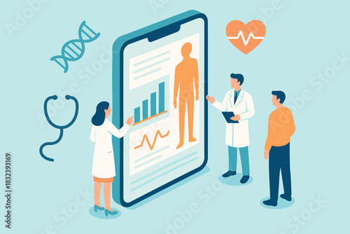 Isometric digital healthcare: doctors analyzing health data on tablet