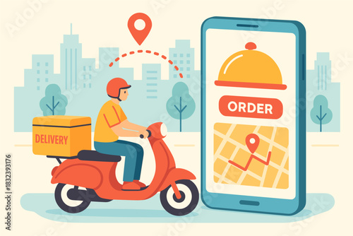 Flat design food delivery concept with delivery person on scooter
