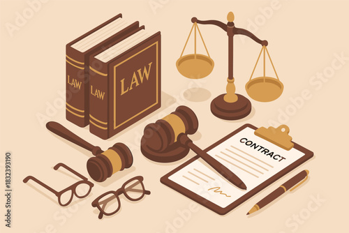 Isometric legal elements set: books, scales, gavel, contract, and pen in warm tones
