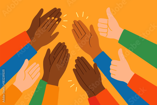 Diverse hands applauding and giving thumbs up in colorful flat style