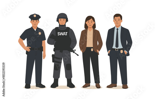 Diverse law enforcement team in uniforms with swat officer and detectives