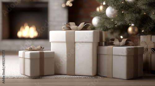 Minimalist Christmas scene with elegant gift boxes and warm fireplace.