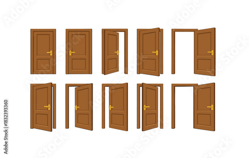 Set of wooden doors in various open positions on white background