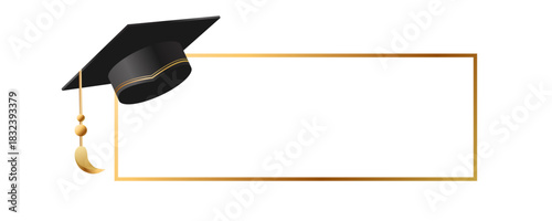 Black graduation cap with gold tassel placed above a thin rectangular gold frame on a white background.