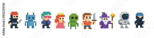 Retro pixel characters: ninja, robot, princess, alien, wizard, adventurer, cyborg