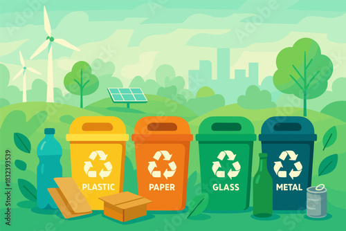 Eco-friendly recycling bins: sorting plastic, paper, glass, and metal in a sustainable environment