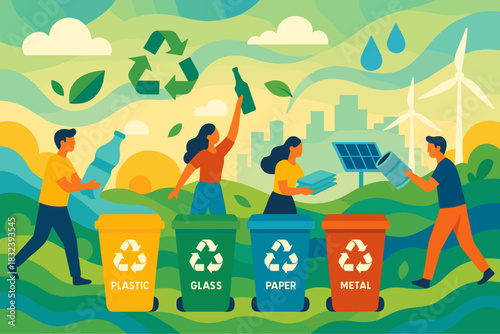 Eco-friendly recycling concept with people and renewable energy elements in flat design