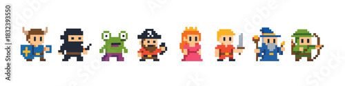 Pixel art characters collection featuring fantasy and adventure roles