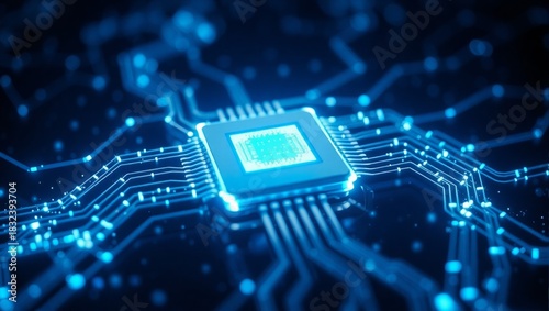 Futuristic Microchip on Circuit Board with Glowing Data Pathways
