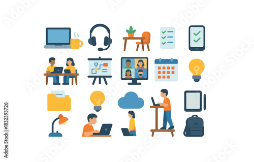Remote work essentials: flat style icons depicting modern office life and telecommuting