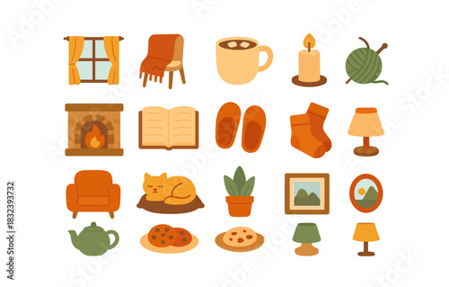 Cozy autumn collection: warm home elements and comfort icons