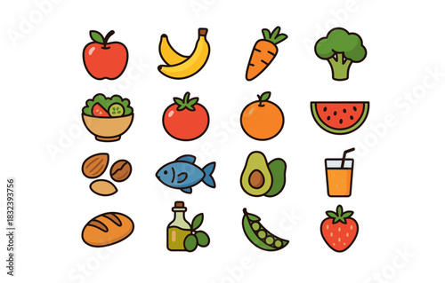 Colorful healthy food icons featuring fruits, vegetables, and more in a cute linear style