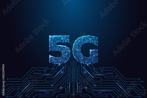 Glowing 5G Network Futuristic Digital Circuit Board on Dark Blue Technology Background