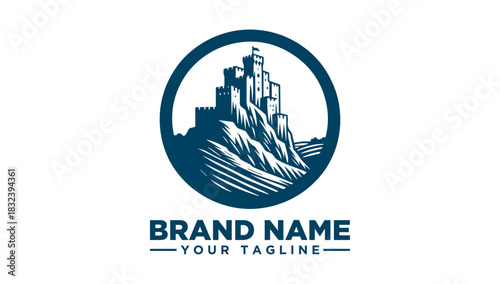 Classic castle fortress logo on a hill, a vintage medieval stronghold vector illustration for brand identity