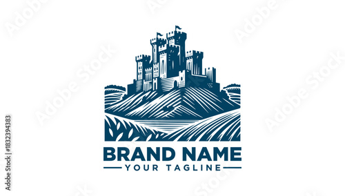 Castle Fortress on Hilltop Landscape Logo Vector Illustration