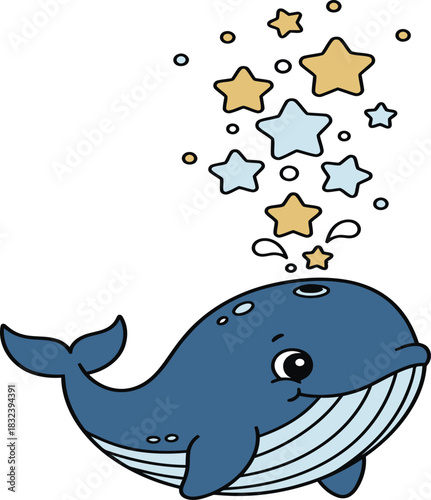 Happy cartoon whale spouting stars and bubbles on white background sea creature ocean