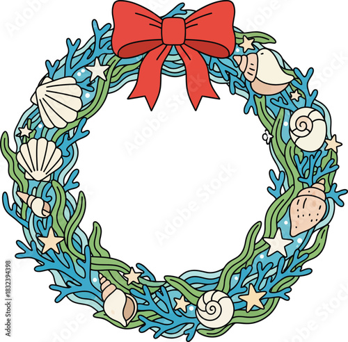 Nautical Christmas Wreath with Seashells and Coral Keywords: Christmas, wreath, nautical, sea, ocean