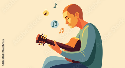 Man playing acoustic guitar with musical notes floating around him enjoying the music.