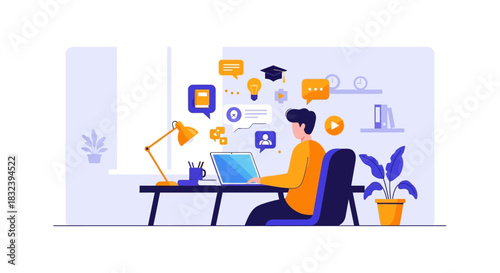 Man working on laptop surrounded by educational icons online learning concept.