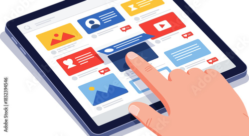 Person interacting with a tablet showcasing various application icons and notifications.