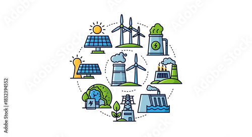 Renewable energy sources illustration showing solar wind and geothermal power.