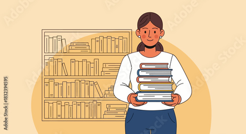 Woman Holding Books in Front of a Bookshelf in a Library.