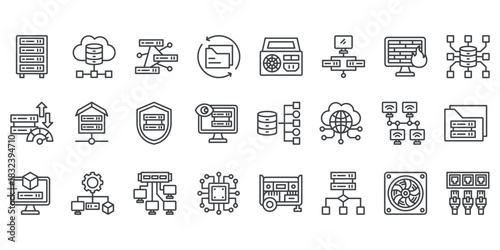 Data center icon collection set. Containing server, storage, data, virtualization, firewall, database, bandwidth, security icon. Simple outline vector