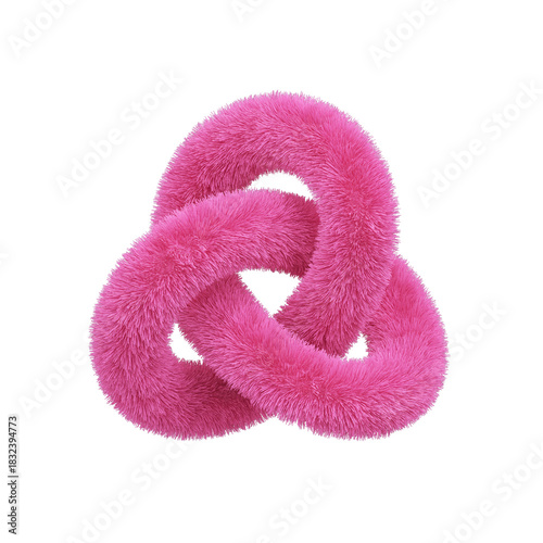 Pink torus knot 3d or fur or fluff or softness fabric tangled. Abstract fur made of flowing fabric or yarn tangled. Object PNG file. cotton velvet and silk. 3D Illustration.