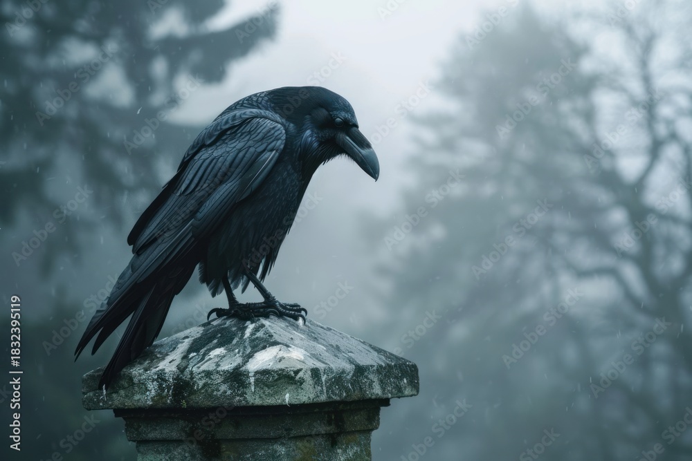Naklejka premium black raven on stone pedestal in moody mist