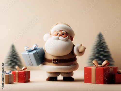 Santa Claus 3D illustration with Christmas gifts in a snowy festive holiday scene