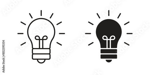 Lightbulb icon in line design and solid black and white colors for designs