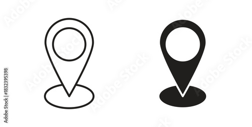 Location pin icon in line design and solid black and white colors for designs