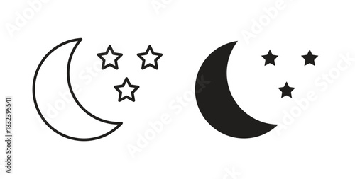 Moon icon in line design and solid black and white colors for designs