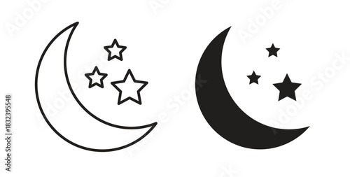 Moon stars icon in line design and solid black and white colors for designs