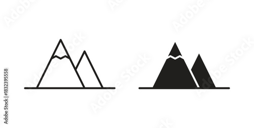 Mountain icon in line design and solid black and white colors for designs