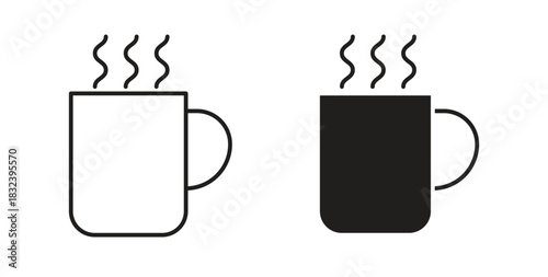 Mug icon in line design and solid black and white colors for designs
