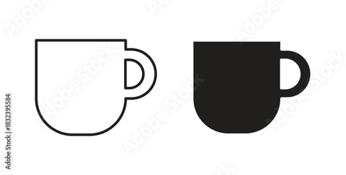 Mug icon in line design and solid black and white colors for designs