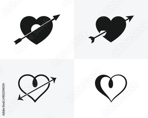 Four black heart icons with arrows piercing them or intertwined love romance