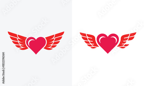 Two red winged heart graphic icons on a light grey background love romance